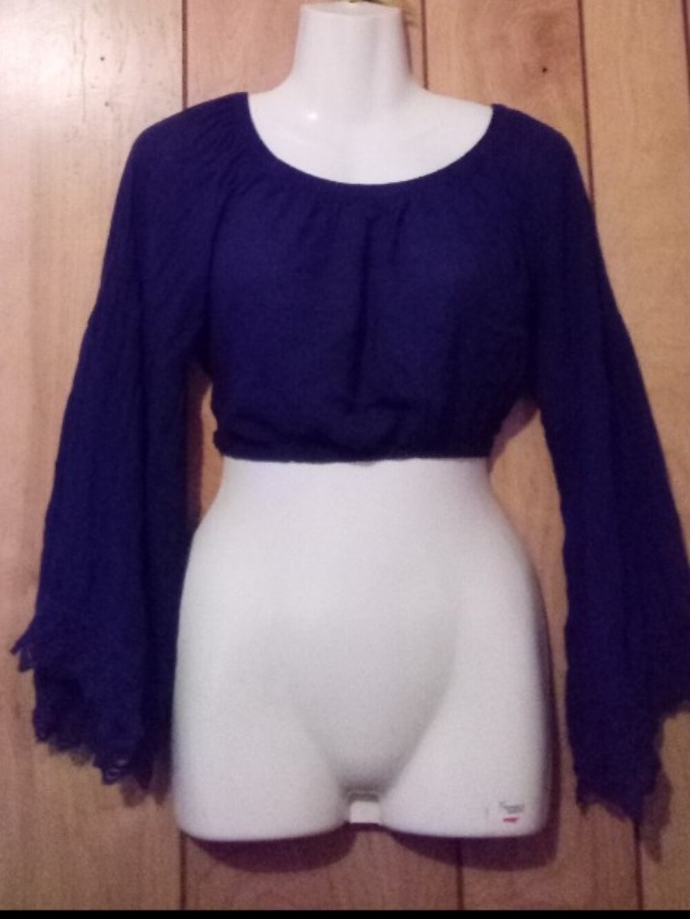 Women’s Navy Blue Peasant Crop Blouse - Long Sleeve